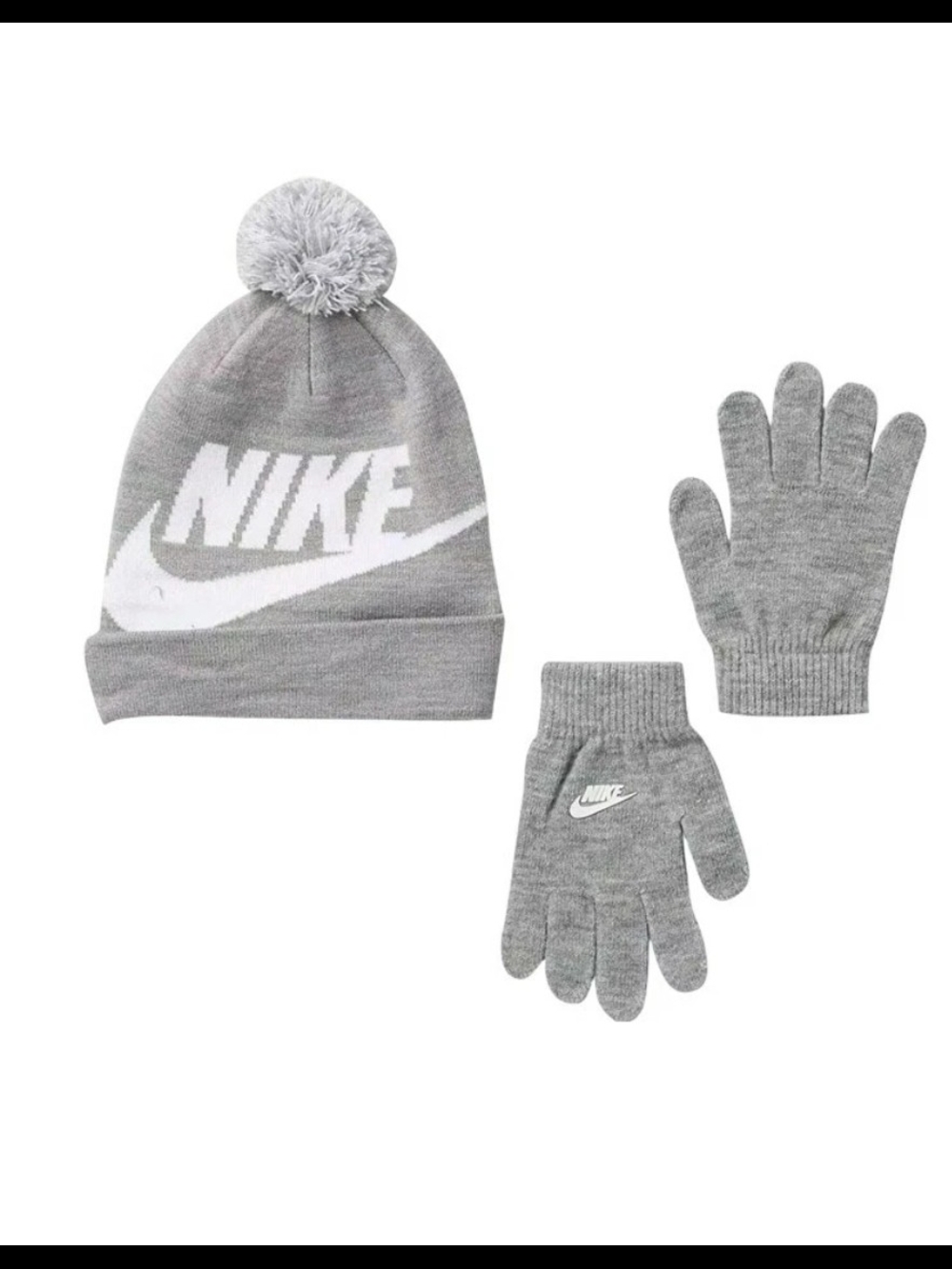 Nike Kids Boy's Swoosh Pom Beanie Gloves Set Gray White Youth